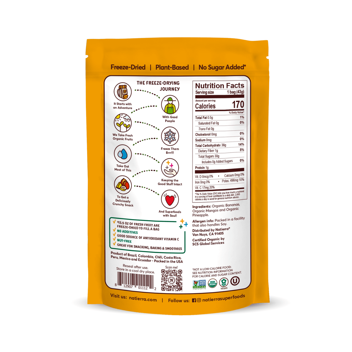 Natierra Organic Freeze-Dried Tropical Fruits bag with Nutrition facts, journey and main product claims
