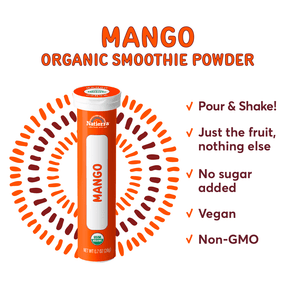 Natierra Organic Mango Smoothie Tube next to benefits