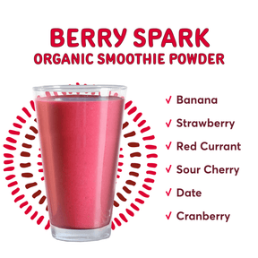 Natierra Organic Berry Spark Smoothie in glass next to list of ingredients