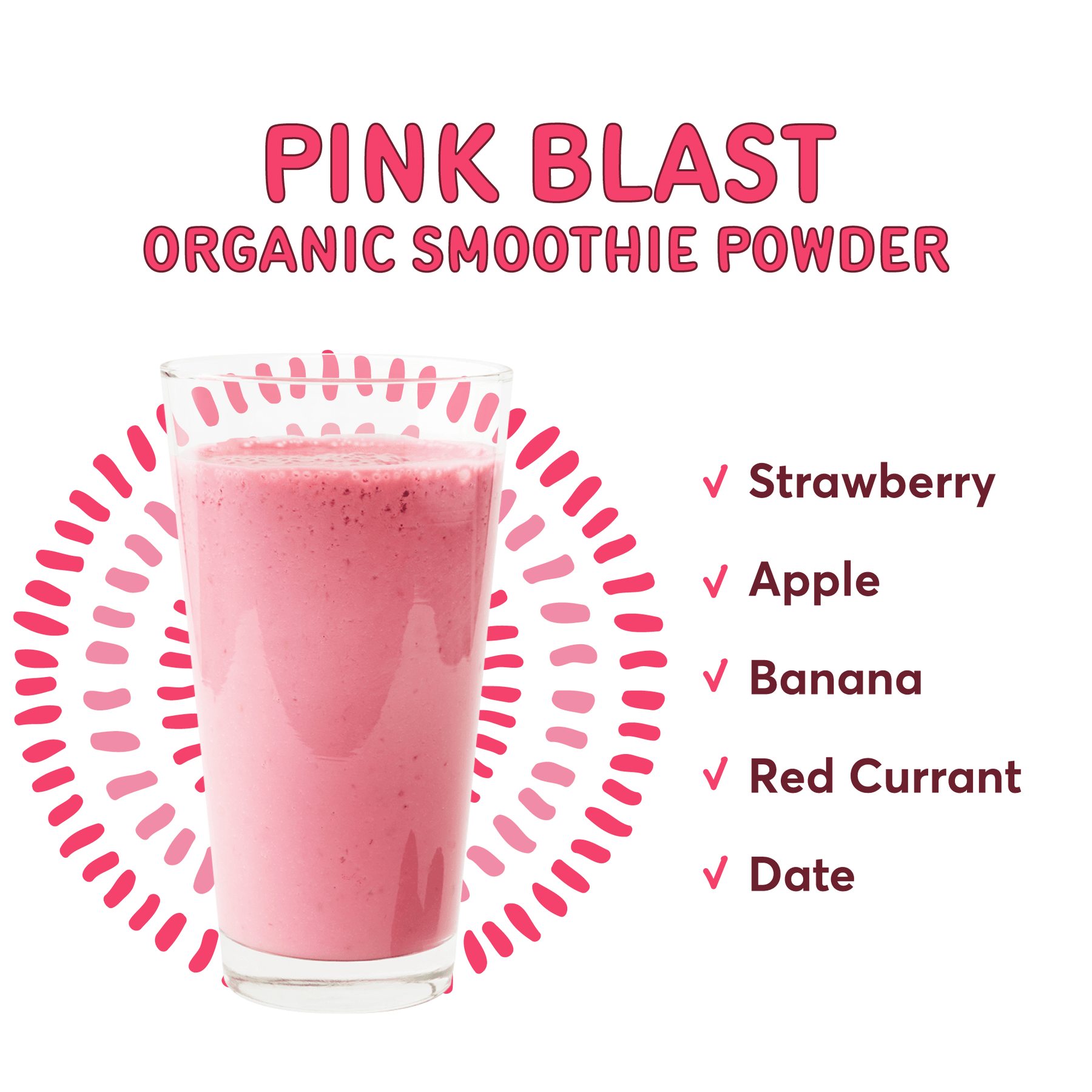 Natierra Organic Pink Blast Smoothie in glass next to list of ingredients