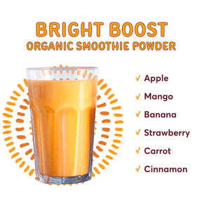 Natierra Organic Bright Boost Smoothie in glass next to list of ingredients