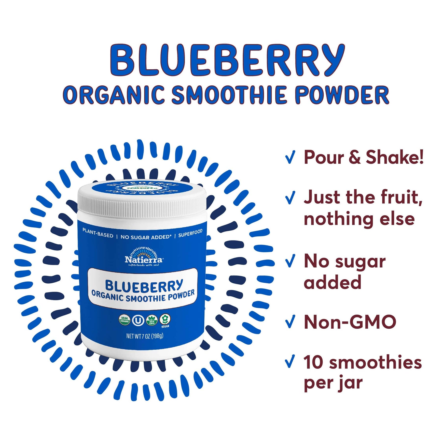 A jar of Natierra Blueberry Organic Smoothie Powder next to list of main product claims