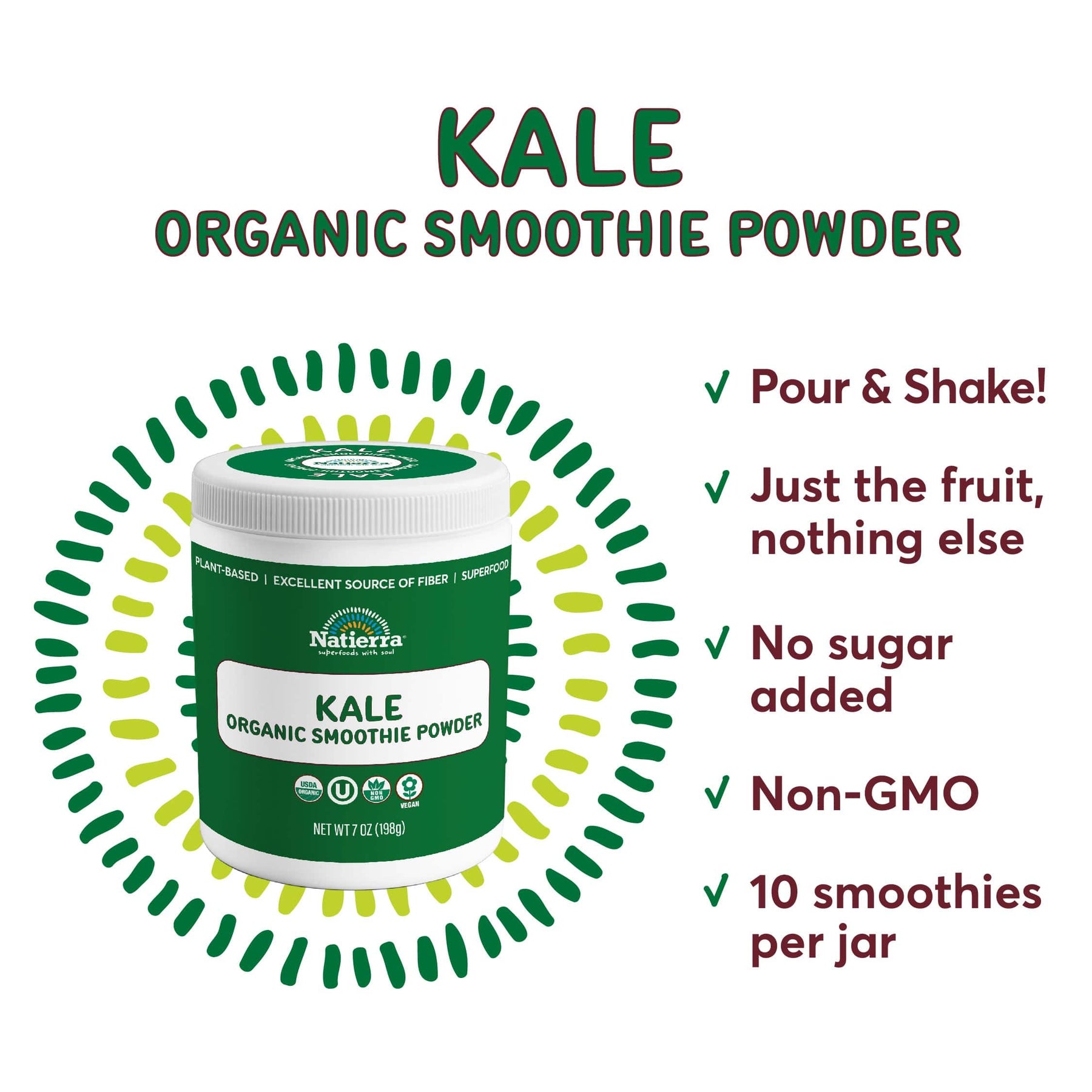 A jar of Natierra Kale Organic Smoothie Powder next to list of main product claims