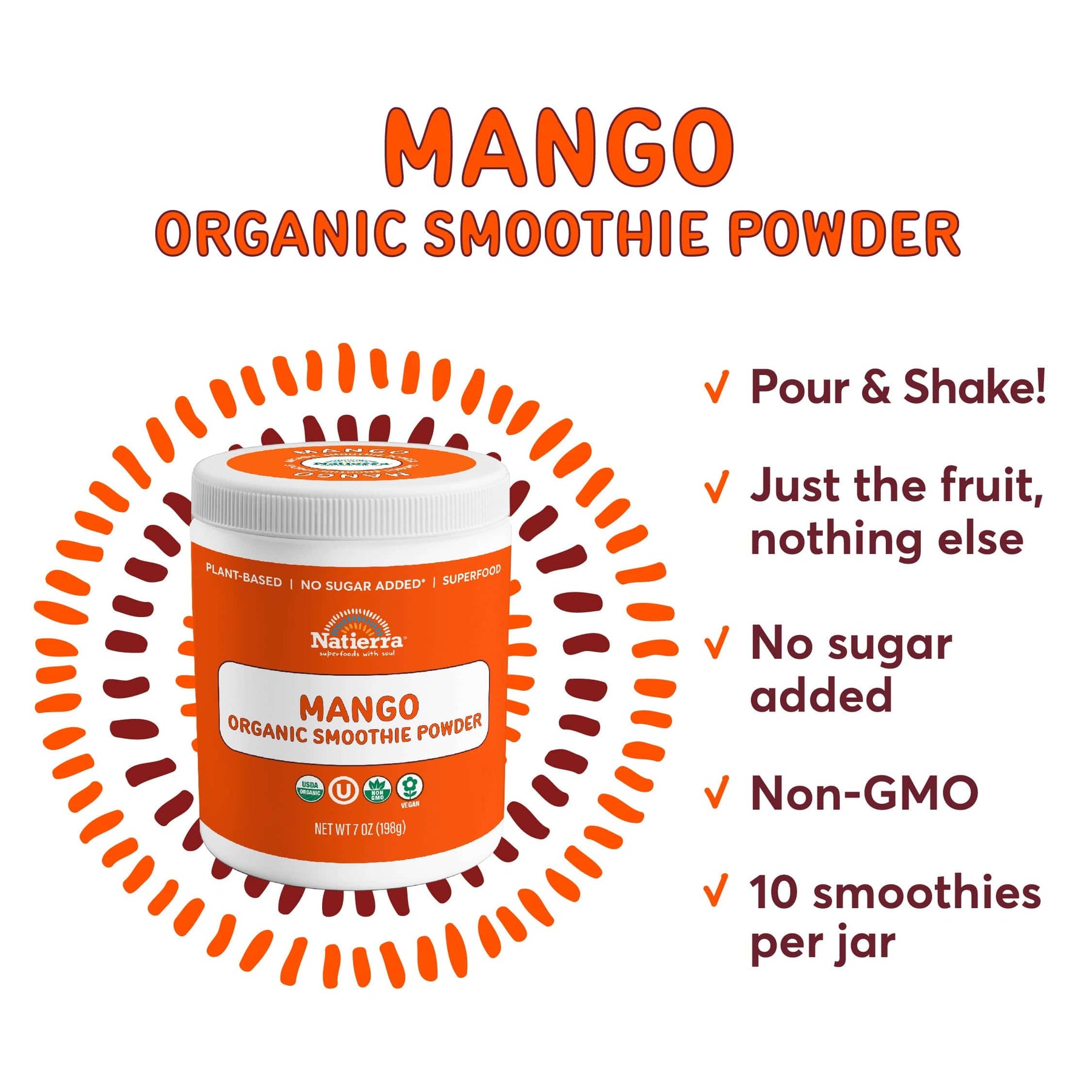 A jar of Natierra Mango Organic Smoothie Powder next to list of main product claims