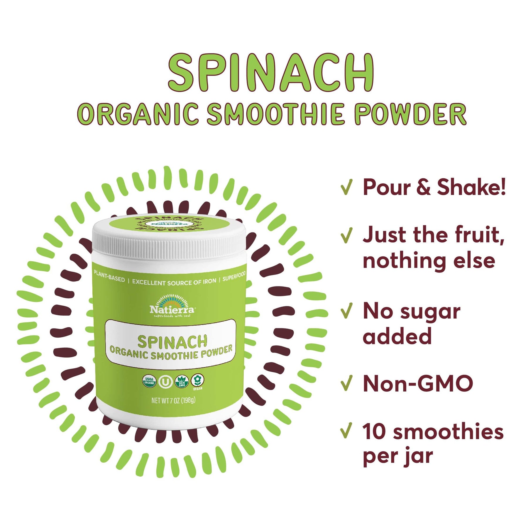 A jar of Natierra Spinach Organic Smoothie Powder next to list of main product claims