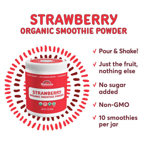 A jar of Natierra Strawberry Organic Smoothie Powder next to list of main product claims