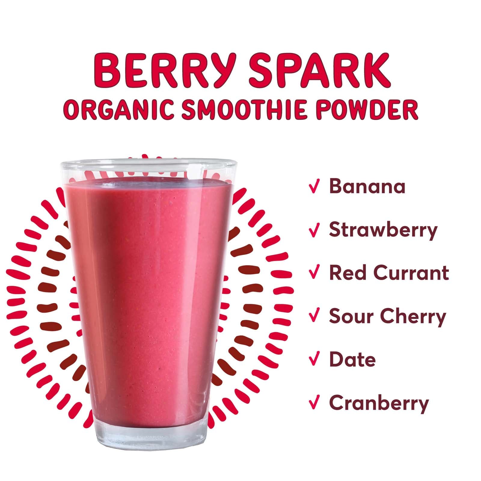 Natierra Berry Spark Organic Smoothie glass next to list of ingredients 