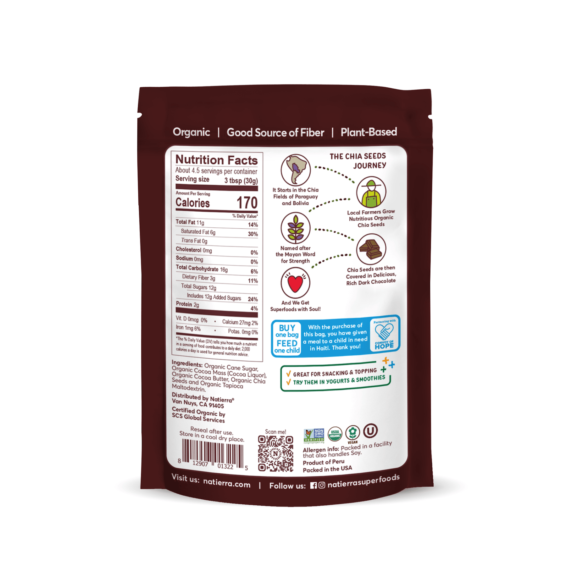 Natierra Dark Chocolate Chia Seeds Bag with nutrition facts, journey and main product claims