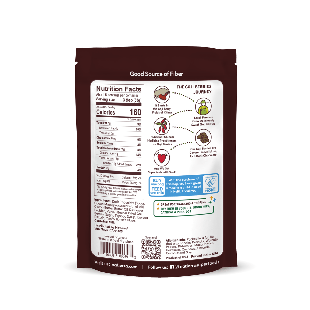 Natierra Dark Chocolate Goji Berries nutrition facts, journey and product claims