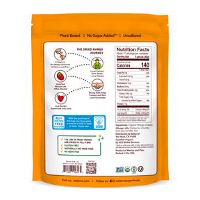 Natierra Dried Mango Cheeks bag with nutrition facts, journey and main product claims