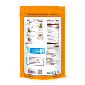 Natierra Dried Mango Strips bag with nutrition facts, journey and main product claims