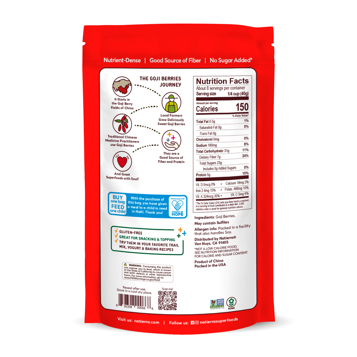 Natierra Goji Berries bag with nutrition facts, journey and main product claims. 