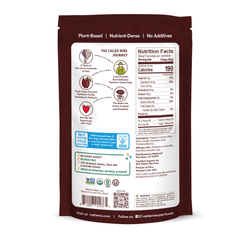 Natierra Organic Cacao Nibs bag with nutrition facts, journey and main product claims 
