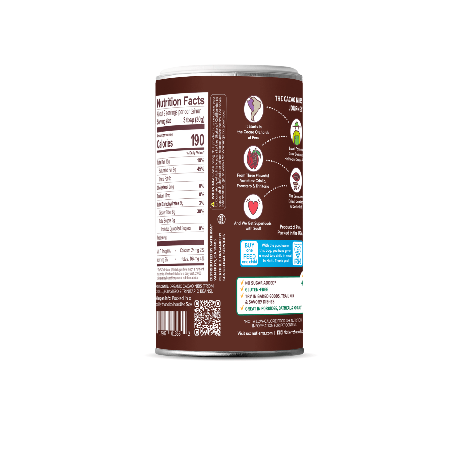 Natierra Organic Cacao Nibs shaker with nutrition facts and main product claims