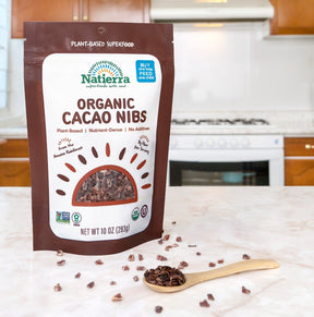 Natierra Organic Cacao Nibs bag on a kitchen counter