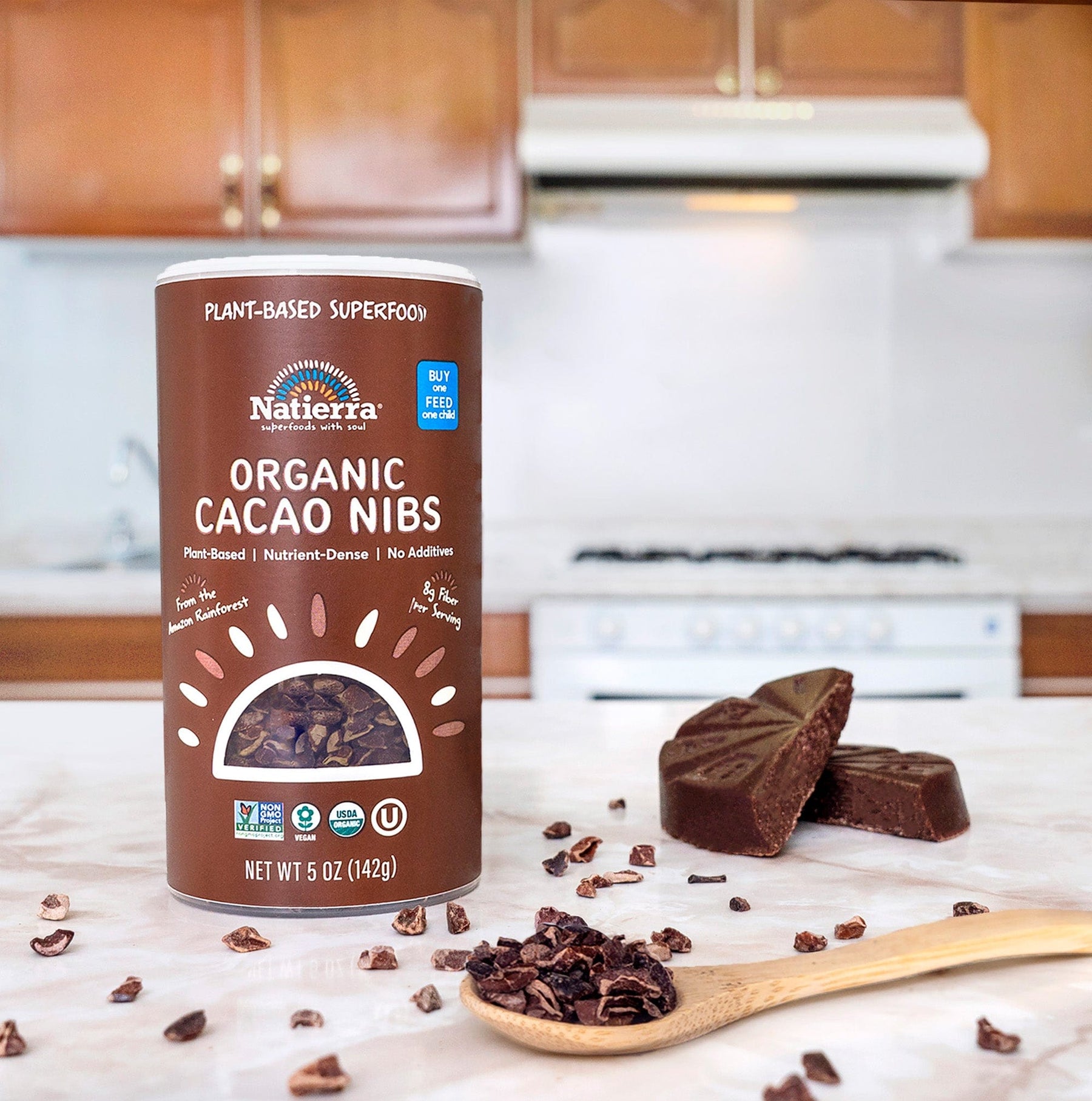 Natierra Organic Cacao Nibs shaker on a kitchen counter 