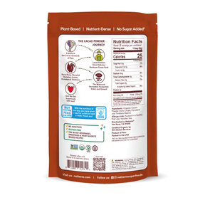Natierra Organic Cacao Powder bag with nutrition facts, journey, and main product claims.