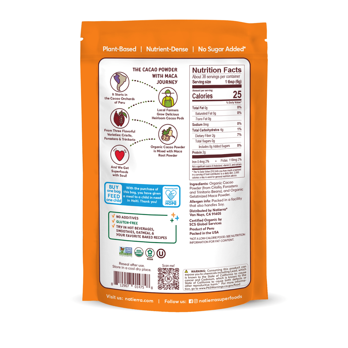 Natierra Organic Cacao With Maca bag with nutrition facts, journey and main product claims