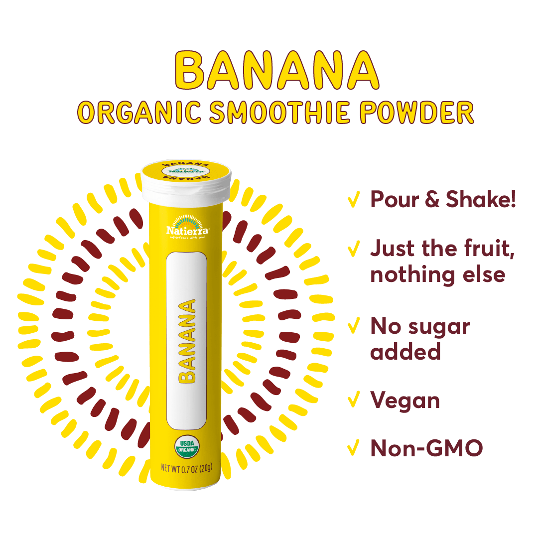 Natierra Banana Organic Smoothie Powder tube next to benefits