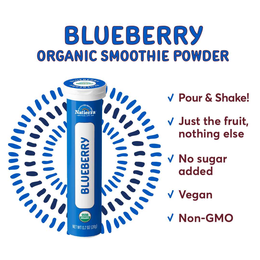 Natierra Blueberry Organic Smoothie Powder tube next to benefits