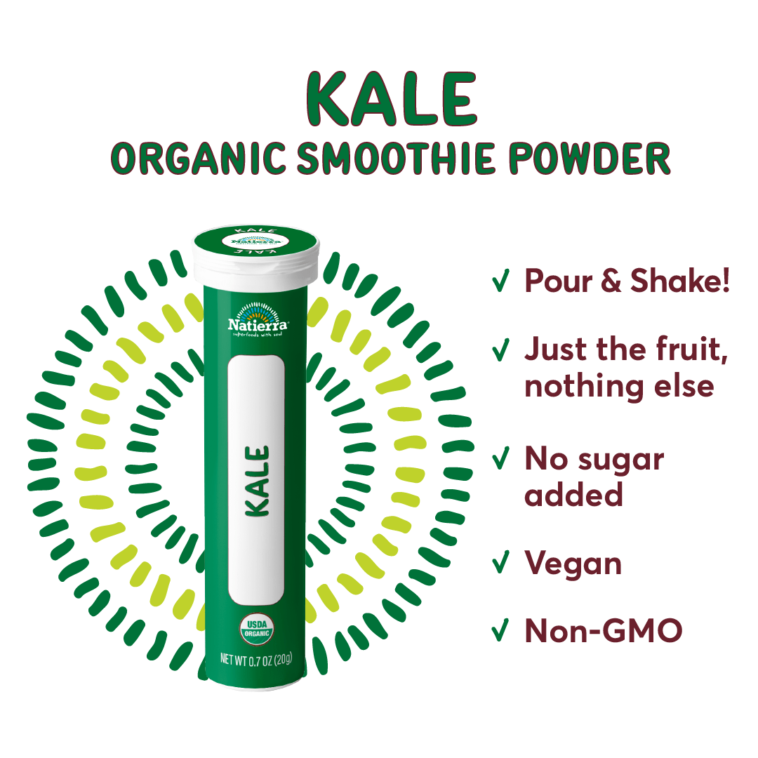 Natierra Kale Organic Smoothie Powde Tube next to benefits