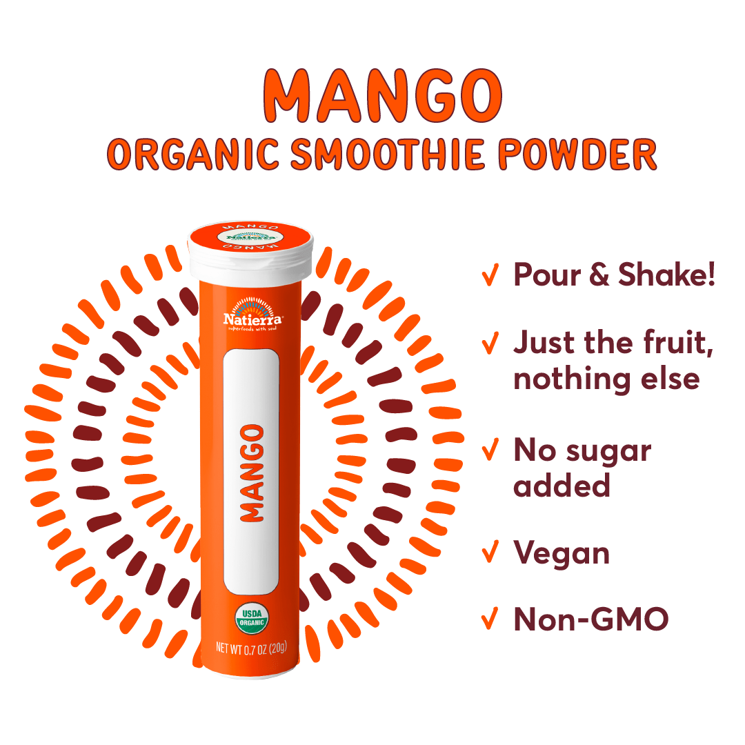 Natierra Mango Organic Smoothie Powder tube next to benefits
