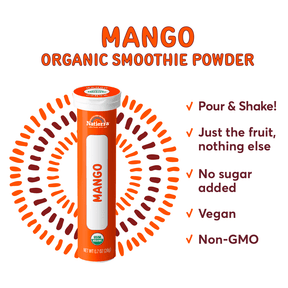 Natierra Mango Organic Smoothie Powder tube next to benefits