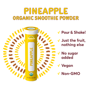 Natierra Pineapple Organic Smoothie Powder tube next to benefits