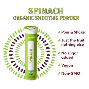 Natierra Organic Spinach Smoothie Tube next to list of main product claims 