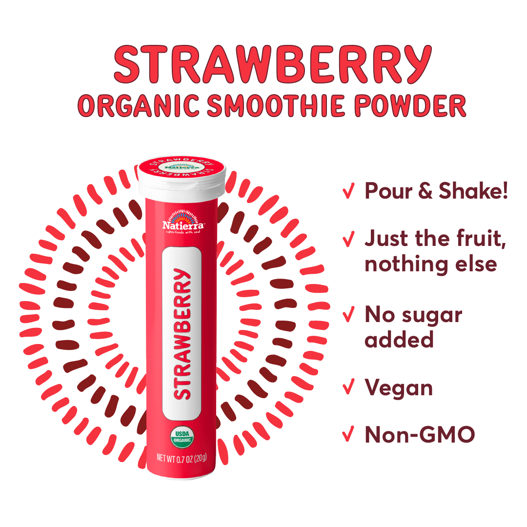 Natierra Strawberry Organic Smoothie Powder tube next to benefits